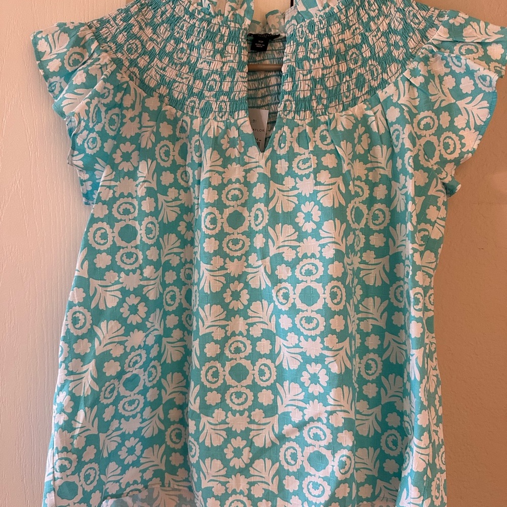 Ann Taylor Aqua and White Smocked-Yoke Flutter Sleeve Tunic